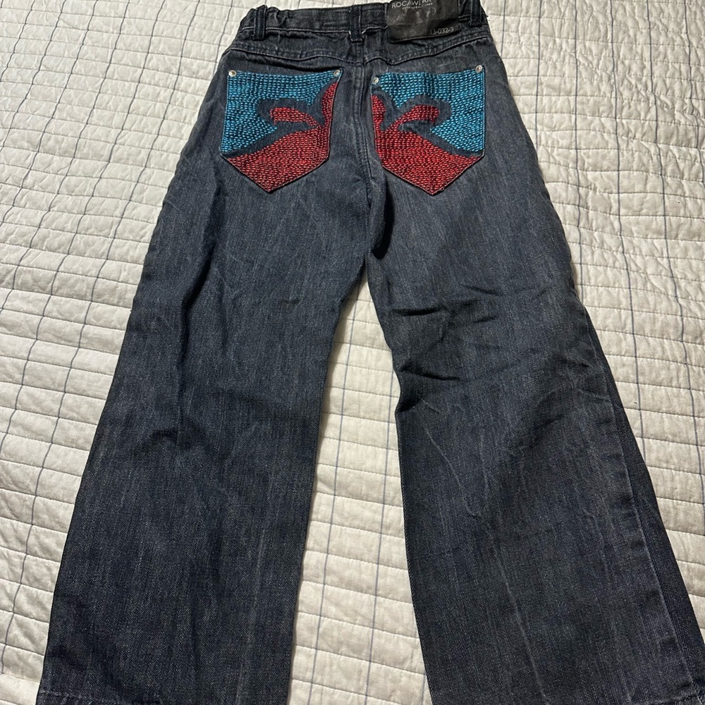 Rocawear Kids Dark Wash Denim Jeans Embroidered Back Pockets Size 7X Vintage